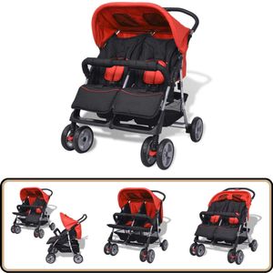 vidaXL Tweelingwagen - Staal - Rood en Zwart Tweelingwagen - Kinderwagen - Babywagen - Wandelwagen - Luxe Kinderwagen
