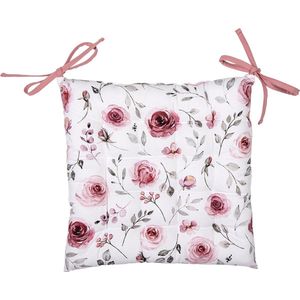 Clayre & Eef Stoelkussen Foam 40x40x4 cm Wit Roze Katoen Vierkant Rozen Zitkussen