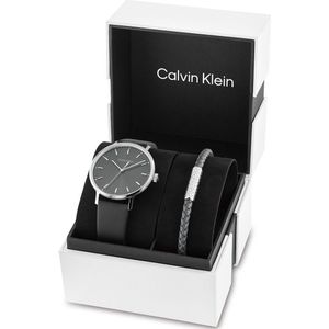Calvin Klein CK35700008 Giftset Heren Horloge - Mineraalglas - Staal/Leer - Grijs/Zilver - Ø 42 mm - Quartz - Gesp - 3 ATM (spatwater)