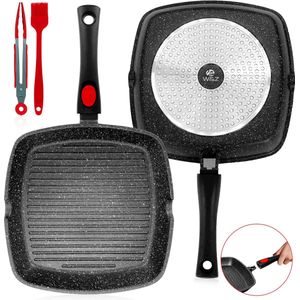 W&Z® Grillpan Inductie 28 cm - Grill pan - Steakpan met Afneembare Handgreep - Geschikt voor alle warmtebronnen