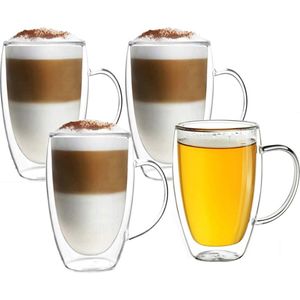 Dubbelwandige glazen met oortje - set van 4 x 350 ml - Dubbelwandige Theeglazen - Glazen voor thee, koffie en cappuccino