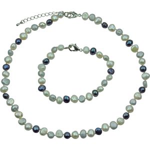 Zoetwater parel set Grey Black and White Pearl parelketting + parel armband - echte parels - sterling zilver (925) - handgeknoopt - wit - grijs - blauw