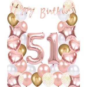 Snoes Ballonnen 51 Jaar Rose Gold White Dots - Compleet Feestpakket met cijfer ballon 51 jaar - Verjaardag Versiering Slinger Happy Birthday – Folieballon – Latex Ballonnen - Helium Ballonnen - Rose Feestpakket