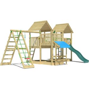 Jungle Gym speeltoestel van grenen hout - Jungle Luxor met gele glijbaan - Tuin speeltoestel voor buiten met zandbak, schommel en klimnet