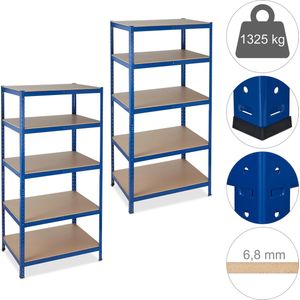 Relaxdays 2x stellingkast - opbergrek - tot 1325 kg belastbaar - 180 cm hoog - blauw