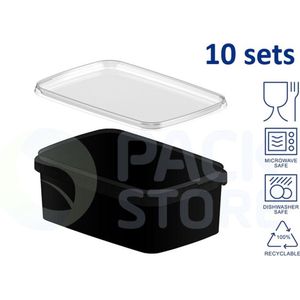 10 x zwarte plastic bakjes met transparant deksel - 1200 ml - vershoudbakjes - meal prep bakjes - rechthoekig - transparant - geschikt voor diepvries, magnetron en vaatwasser - Nederlandse producent