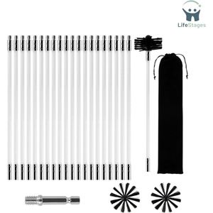 LifeStages - Schoorsteenveegset - 24-Delige Haardborstelset - Haardborstel 150 mm - Reinigingsborstel - Schoorsteenreinigingsborstelset - met 20 Flexibele Staven 410 mm - 2 Borstelkoppen - 1 Booraansluiting + Accessoires voor Haarddroger