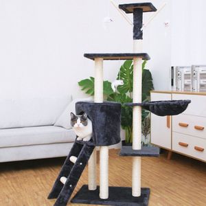 NYVI Katten Krabpaal Simba 142 cm Hoog Donkergrijs - Deluxe Kattenboom met Kattenhuis, Katten Speelgoed, Platform, Sisal Krabstam en Hangmat - Stabiel en Robuust Kattenhuis