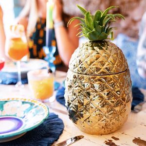 Gouden ananas-ijsblokjeshouder met deksel, elegante drankenwagen | Retro baraccessoire | Elegante ijscontainer voor ijsblokjes, 21,5 x 21,5 x 27 cm, keramiek, veelkleurig