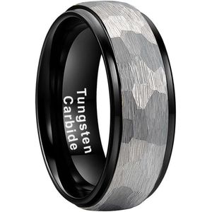 Wolfraam Ring Heren Zwart met Gehamerd Staal - Tungsten Ring - Zeer Zwaar - Ringen Mannen - Cadeau voor Man - Mannen Cadeautjes Accesoires