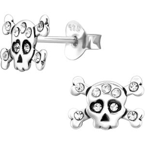 Joy|S - Zilveren skull oorbellen - doodskop oorknoppen - 10 x 7 mm - geoxideerd - kristal - schedel