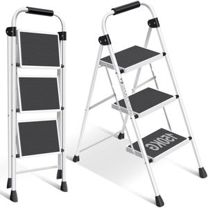 3-Treden Trapladder met Leuning Draagbare Vouwladder - Antislip Voeten - Breed Trapje - Lichte Opstapkruk - Inklapbaar Stabiel - Huishoudtrap voor Thuis Keuken Kantoor - Wit Trapladder