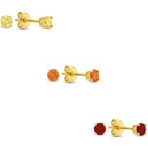 Silventi 9SIL-SET0031 Zilveren Zirkonia Oorknoppen Set 3mm Rood Oranje Geel Earparty - Zilver - Verguld/Goud op Zilver