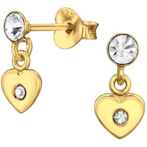 Joy|S - Zilveren hartje bedel oorbellen - oorknopjes met hartje - kristal - 14k goudplating / goldplated - kinderoorbellen