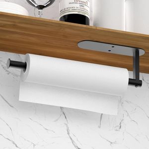 Keukenrolhouder 32 cm roestvrij staal - zelfklevend of geperforeerd - papierrolhouder voor keuken en badkamer - zwart keukenrolhouder hangende