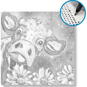 Koe met bloemen | Dot painting | 80x80cm | Op frame gespannen | Vrolijk Schilderij | Corrie Leushuis