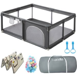 Lucellia® Grondbox Baby - Speelbox met Dubbelzijdige Speelmat & 50 Ballen - Kruipbox - Kinderbox - Babypark - Playpen Baby - 127x127x66 CM - Kleur Donkergrijs