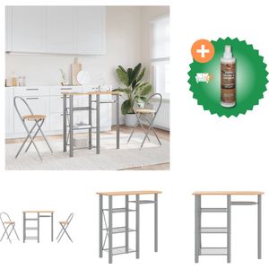 vidaXL Barset 3-delig bewerkt hout en ijzer grijs en bruin - Set tafel en stoelen - Inclusief Houtreiniger en verfrisser