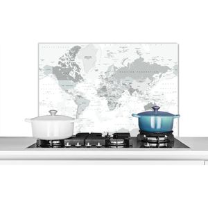 Spatscherm keuken 90x60 cm - Kookplaat achterwand Wereldkaart - Wit - Grijs - Aarde - Muurbeschermer - Spatwand fornuis - Hoogwaardig aluminium