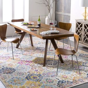 Vintage tapijt - Sicilië - woonkamer hal vloer keuken - traditioneel - veelkleurig - boho - onderhoudsvriendelijk - groot tapijt - 120 x 170 cm - mosterdoranje - blauw - Surya - Boho tapijt vloerkleed