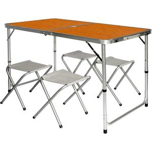 Inklapbare, in hoogte verstelbare campingtafel 120x60x70cm met 4 inklapbare krukken