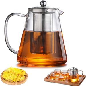 Theepot met zeef en deksel: 1300 ml van borosilicaat glas, afneembare zeef, robuust en hittebestendig