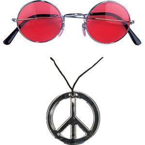 Toppers in concert - Smiffys Hippie Flower Power verkleed set peace ketting en ronde rode glazen party bril