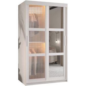 Zweefdeurkast Kledingkast met 2 schuifdeuren glanzen slaapkamerkast Kledingstang met planken Garderobekast met geribbeld glas - ARTON 2 (100 cm, Wit)