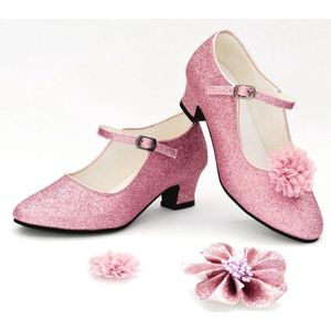 Roze glitter schoenen met hakken + bloemclips + broche (maat 25 - 17,5cm) prinsessenschoenen kind