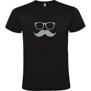 Zwart  T shirt met  print van ""Bril en Snor "" print Zilver size XXXXXL