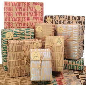 Verjaardagscadeaupapier van kraftpapier - 12 vellen 70 * 50 cm, bruin - incl. jutekoorden, stickers en strikken