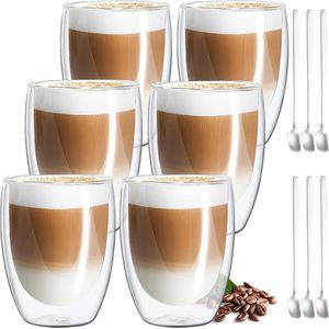 Dubbelwandige latte macchiato-glazen, koffieglas, theeglazen - mokkakopjes , Koffiekopjes , espressokopjes - kopjes - Cappuccino kopjes 6X 310ml + 6x Stainless Steel Spoons