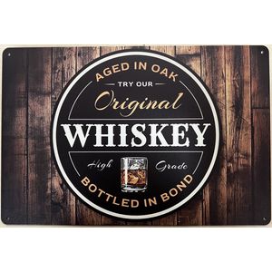 Original Whiskey wood aged in oak Reclamebord van metaal METALEN-WANDBORD - MUURPLAAT - VINTAGE - RETRO - HORECA- BORD-WANDDECORATIE -TEKSTBORD - DECORATIEBORD - RECLAMEPLAAT - WANDPLAAT - NOSTALGIE -CAFE- BAR -MANCAVE- KROEG- MAN CAVE