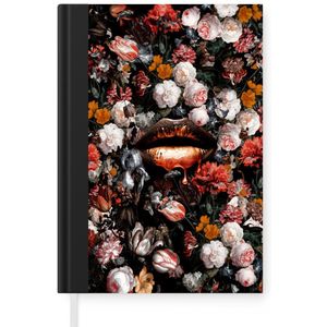 Notitieboek - Schrijfboek - Lippen - Bloemen - Verf - Oranje - Kunst - Abstract - Oude meesters - Notitieboekje klein - A5 formaat - Schrijfblok