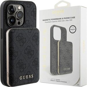 Guess - 4G - Metal Logo hoesjeset voor iPhone - 14 - Pro - + - 5000mAh - MagSafe - powerbank - zwart