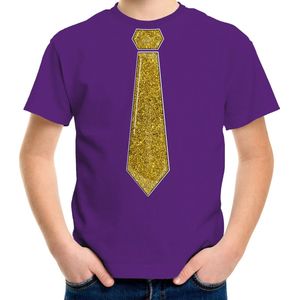 Bellatio Decorations Verkleed t-shirt voor kinderen - glitter stropdas - paars - jongen - carnaval 116/134