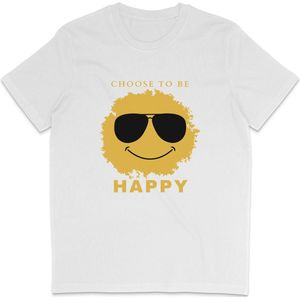 Grappig Heren en Dames T Shirt Unisex - Smiley Quote: Choose To Be Happy - Wit - XS