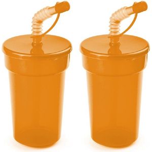Set van 4x stuks afsluitbare plastic drinkbeker oranje 400 ml met rietje voor kinderen/peuters