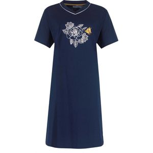 Medaillon Dames Nachthemd - Slaapkleed - Slaapkleed - 100% Katoen - Marine Blauw - Maat S