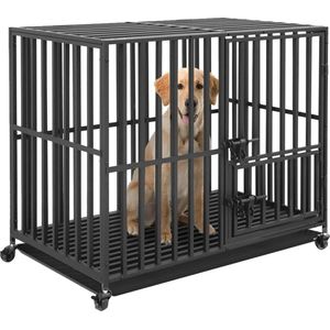 RM Store® - Grote Hondenkooi - Metalen Honden Kennel - Hondenbench - Dubbele Deuren - Inclusief Slot - 4 Afsluitbare Wielen - Verwijderbare Lade - Max. 100KG