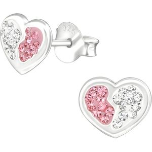 Joy|S - Zilveren hartje oorbellen - yin yang - roze wit kristal -  8 x 6 mm