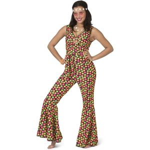 Funny Fashion - Hippie Kostuum - Fluor Flower Power Goes Disco - Vrouw - Geel, Roze - Maat 40-42 - Carnavalskleding - Verkleedkleding