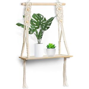 Houten Wandplank, Boho Macrame Wanddecoratie, Plank Wandophanging, Bohemian Decoratie voor Woonkamer, Slaapkamer, Balkon, Badkamer, Kerstdag, Handgeweven, Ruimtebesparend, met LED Feeërieke
