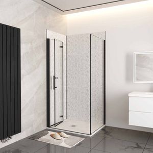 76x70x195cm douchecabine met inklapbare vouwdeur en vaste zijwand, 6mm helder EasyClean veiligheidsglas,mat zwarte aluminium frame