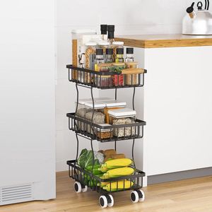 Keukenwagen op wielen met 3 niveaus, metalen keukenrek voor kleine ruimtes in keuken, eetkamer, badkamer, met handvat en remmen, zwart