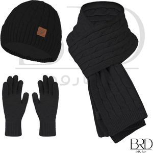 BRD® Winter | Winter set voor volwassenen Zwart - gevoerde muts, sjaal en handschoenen winterset unisex voor dames en heren 3 delig gebreid