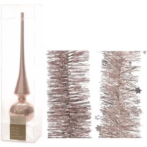 Kerstversiering glazen piek glans 26 cm en folieslingers pakket lichtroze van 3x stuks - Kerstboomversiering