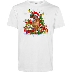 T-shirt Kerst Teckel | Foute Kersttrui Dames Heren | Kerstcadeau | Kerstpakket | Wit | maat XS
