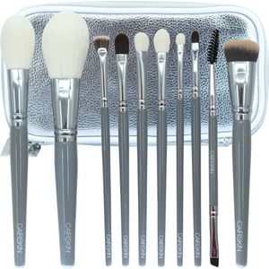 CAIRSKIN Professional Brush Set - 10 Silver Gloss Make-up Brushes Set + Beauty Etui - Synthethic Super Soft Quality Fibers - Wooden Gray Handles - Feather Blending Powder Brushes - Concealer Contouring - Eyeliner Spoolie - Zachte Blending Kwastenset
