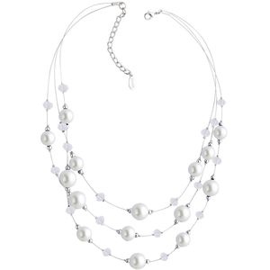 Behave Korte parel ketting dames beige 3 rijen met facet geslepen glaskralen en glasparels – lengte 46 cm + 6 cm verlengketting